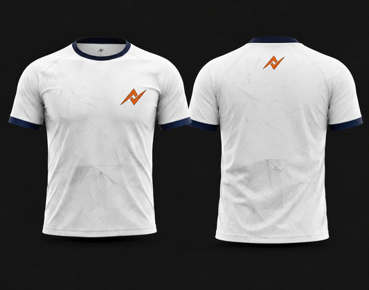 Front and back view of a white round neck cricket jersey featuring a subtle geometric pattern, navy blue collar and sleeve cuffs, and orange logo placement.
