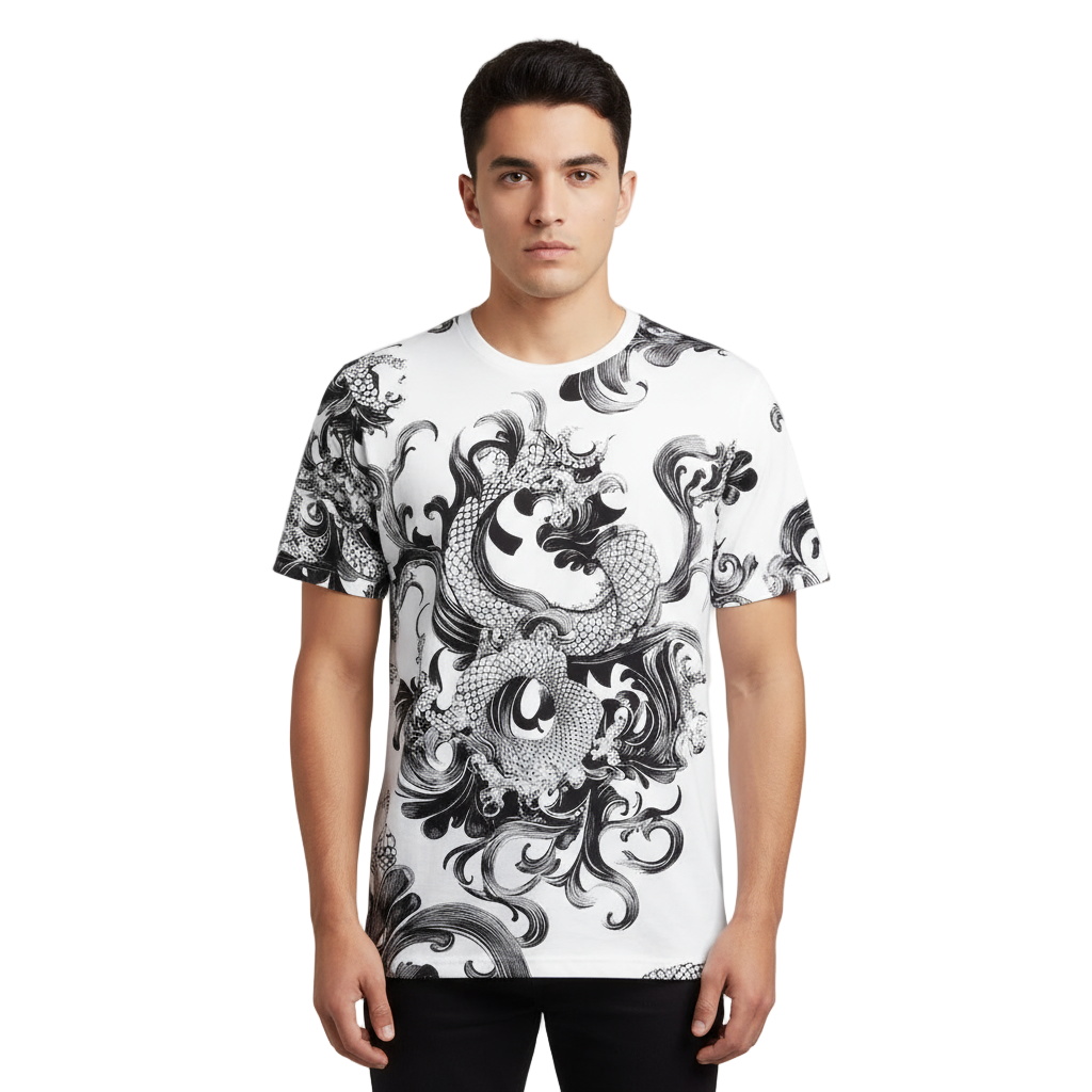Next Print white shirt with a dragon on it is printed on the front