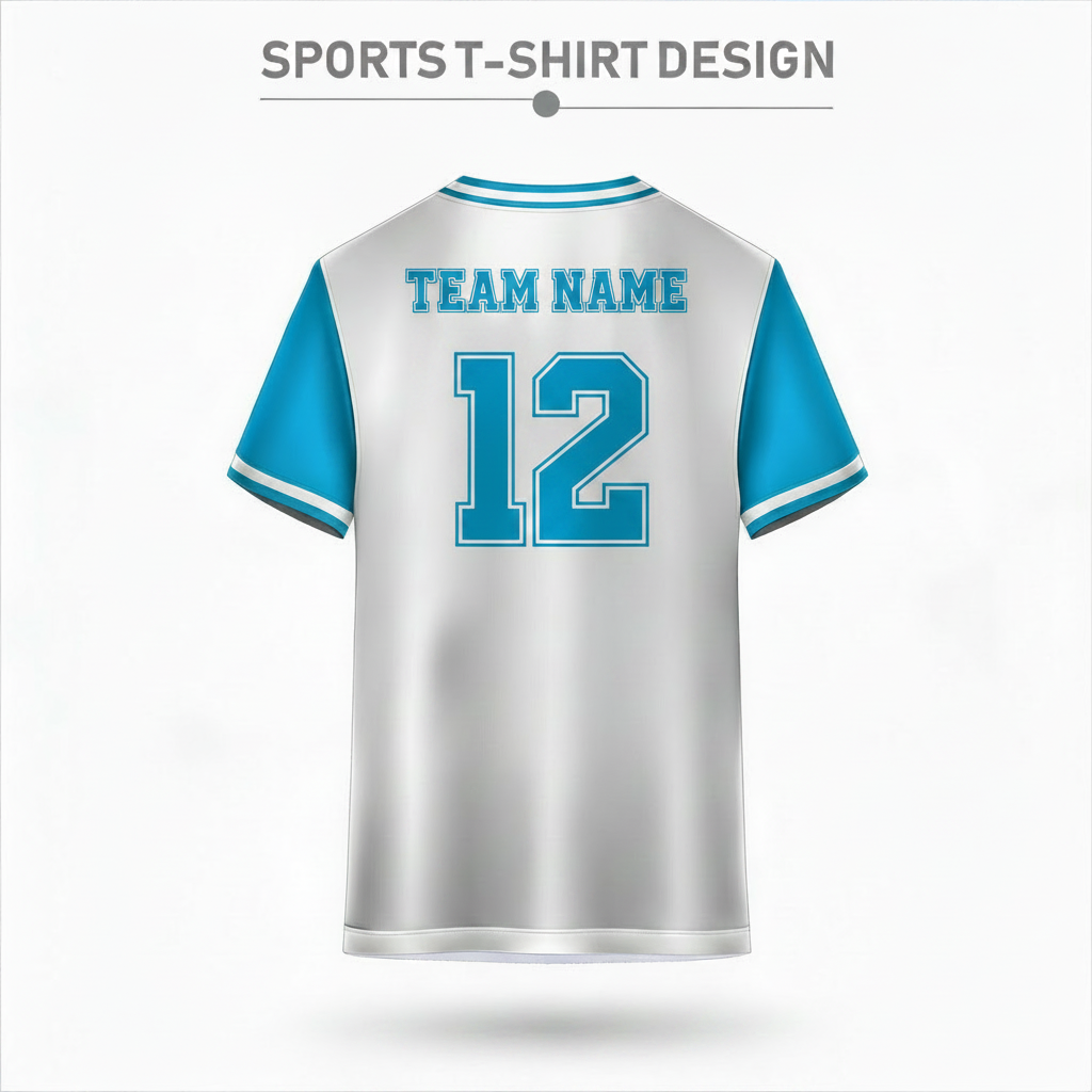 White and sky blue sports t-shirt back design with clean minimalist style for custom cricket and football team jersey printing by NextPrint India.