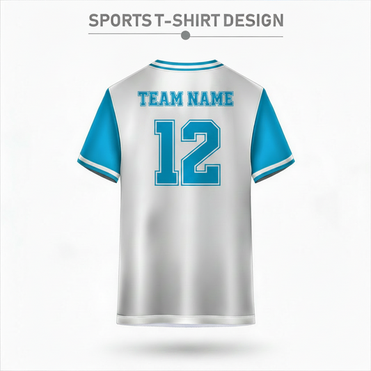 White and sky blue sports t-shirt back design with clean minimalist style for custom cricket and football team jersey printing by NextPrint India.