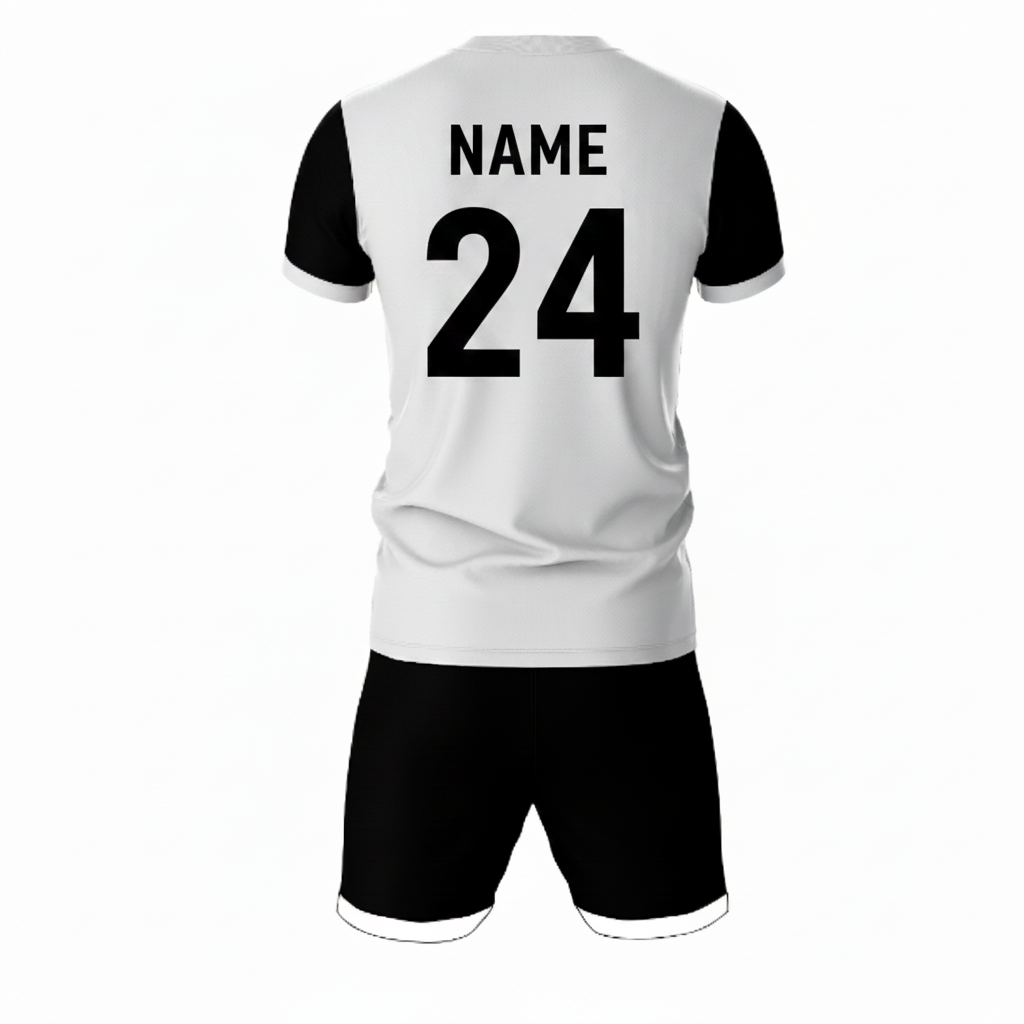 White athletic sports jersey with black shorts back side view
