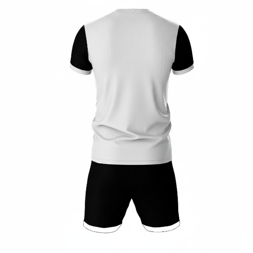 Premium white sportswear jersey and black shorts set side angle view