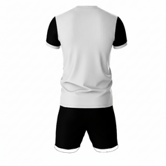 Premium white sportswear jersey and black shorts set side angle view