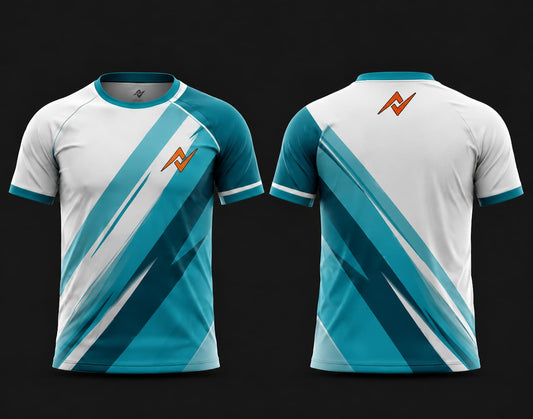 Front and back view of a white and teal custom round neck sports jersey with diagonal stripe design and orange chest logo.