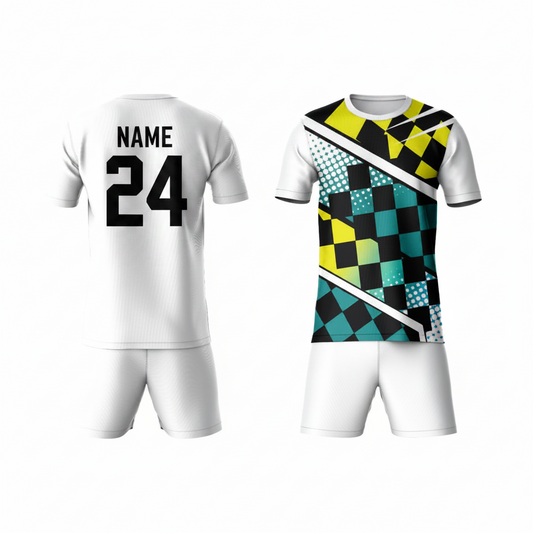 White yellow black geometric pattern activewear t-shirt with white shorts back view
