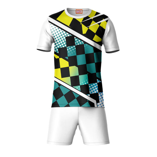 White yellow black geometric pattern sports t-shirt with white shorts co-ord set front view