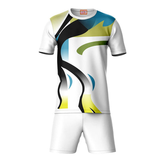 White yellow black sports t-shirt with white shorts coord set front view for men
