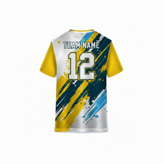 White custom sports jersey back view with yellow and navy blue brush stroke design for cricket football volleyball and esports team uniforms by NextPrint