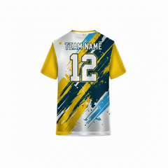 White custom sports jersey back view with yellow and navy blue brush stroke design for cricket football volleyball and esports team uniforms by NextPrint