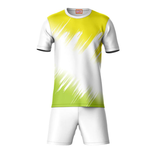 White yellow geometric pattern sports t-shirt with white shorts co-ord set front view
