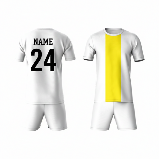 White yellow activewear t-shirt with white shorts back view