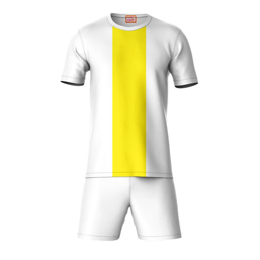 White yellow sports t-shirt with white shorts co-ord set front view