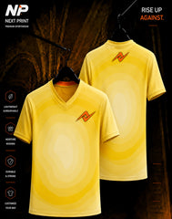 Yellow abstract ripple pattern V-neck sublimation sports jersey front and back by Next Print