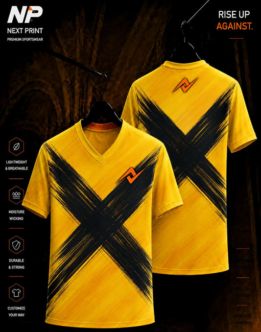 Yellow and black brush X sublimation V-neck custom sports jersey front and back by Next Print