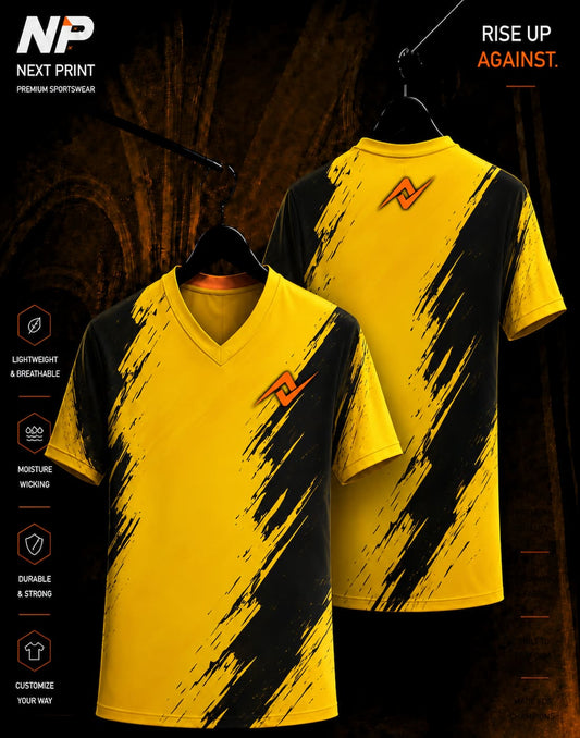 Yellow and black brushstroke sublimation V-neck sports jersey front and back mockup by Next Print