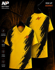 Yellow and black brushstroke sublimation V-neck sports jersey front and back mockup by Next Print