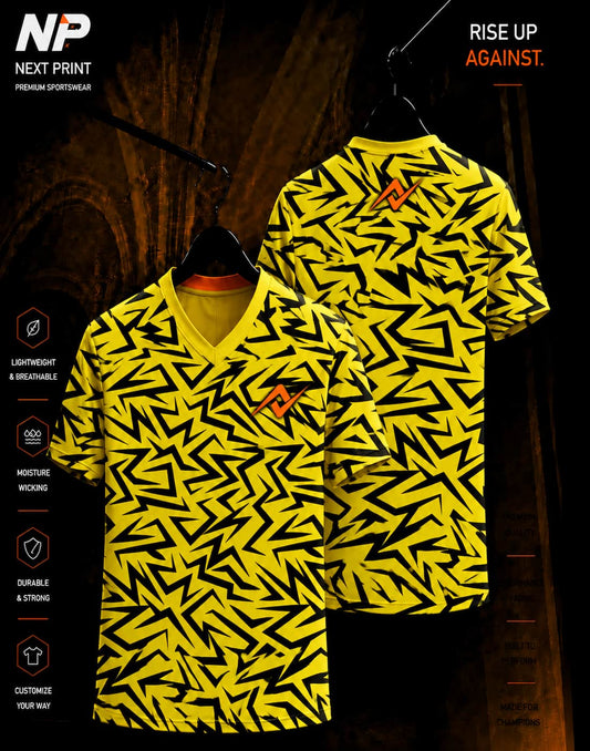 Yellow and black geometric sublimation V-neck sports jersey front and back by Next Print