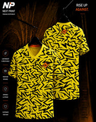 Yellow and black geometric sublimation V-neck sports jersey front and back by Next Print