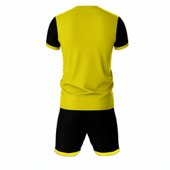 Premium yellow black sportswear jersey and shorts set side angle view