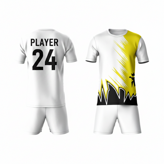 Yellow black activewear t-shirt with white shorts back view