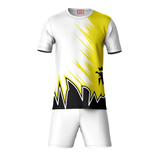 Yellow black sports t-shirt with white shorts co-ord set front view