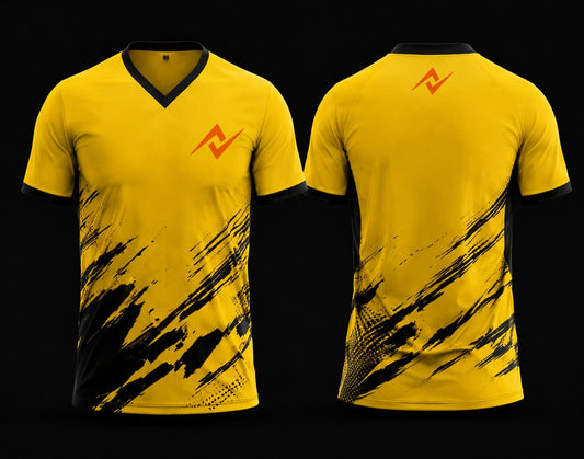 Front and back view of a yellow and black custom V-neck cricket jersey featuring bold black brushstroke graphics and an orange team logo.