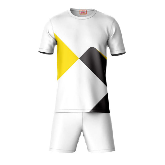 Yellow black white sports t-shirt with white shorts co-ord set front view