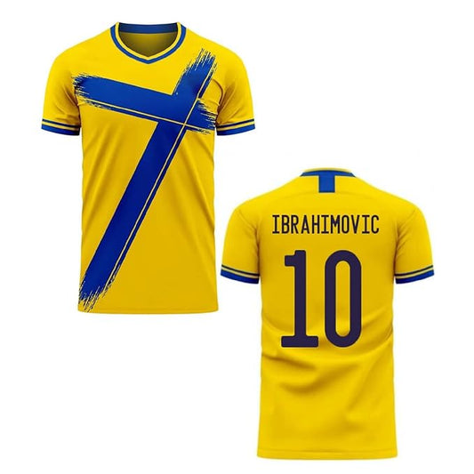 Front and back view of a yellow football jersey with a bold blue cross graphic, V-neck collar, blue sleeve trim, and customizable name and number for soccer teams and sportswear.