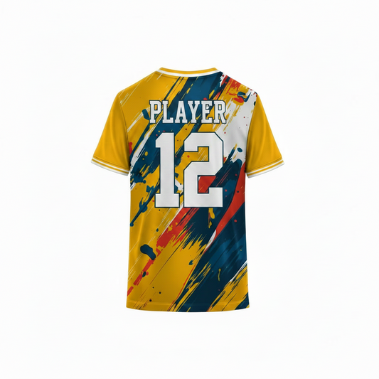 Yellow custom sports jersey back view with blue and red paint splash brush stroke design for cricket football volleyball and esports team uniforms by NextPrint