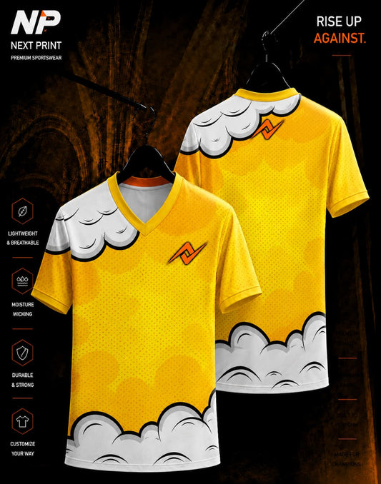 Yellow comic cloud sublimation V-neck sports jersey front and back design by Next Print