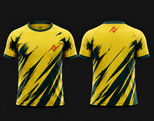 Front and back view of a yellow and dark green round neck cricket jersey featuring bold lightning brushstroke graphics with an orange chest logo, customizable for cricket teams.