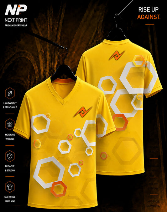 Yellow hexagon geometric sublimation V-neck custom sports jersey by Next Print with white and orange abstract pattern