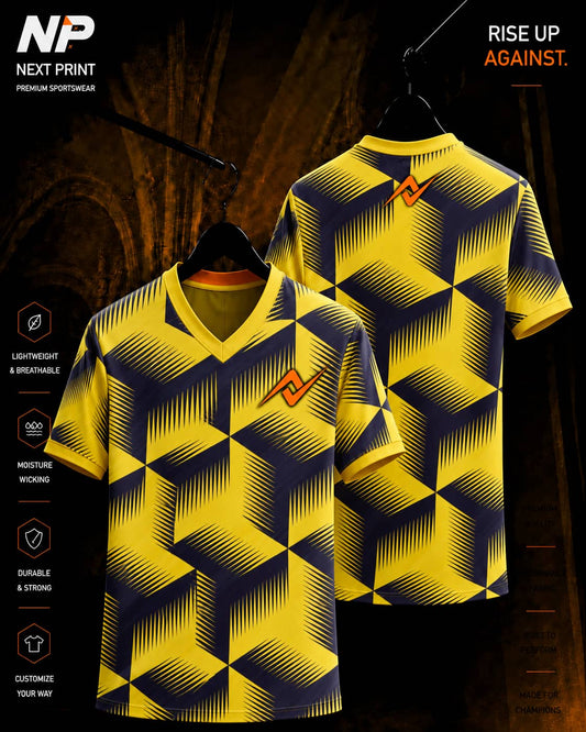 Yellow and navy blue geometric sublimation V-neck sports jersey front and back view by Next Print