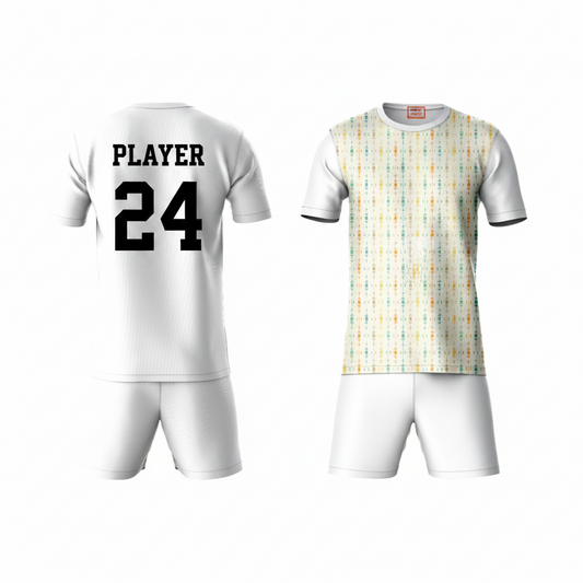 Yellow patterned activewear t-shirt with white shorts back view