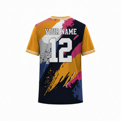 Yellow, pink, and navy abstract sports t-shirt back design with artistic paint brush pattern for custom sublimation team jersey printing by NextPrint India
