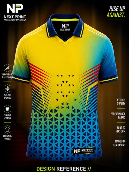 Yellow and royal blue gradient cricket polo jersey featuring geometric patterns and premium sublimation sportswear design.
