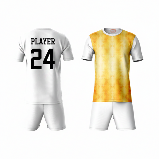 Yellow sports t-shirt with white shorts back view for men