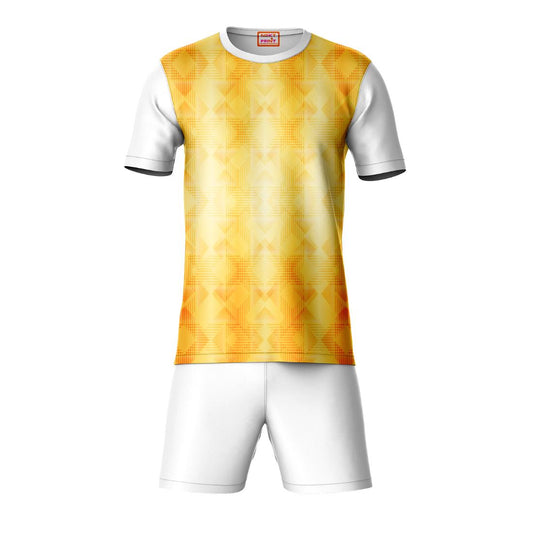 Yellow sports t-shirt with white shorts coord set front view for men