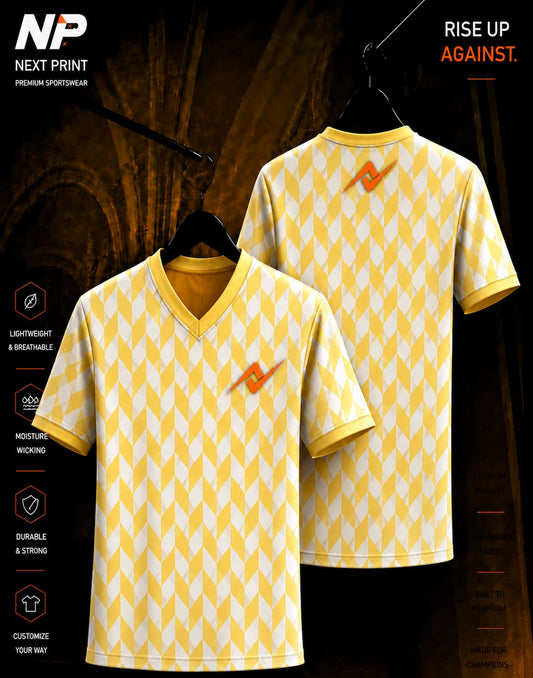 Yellow and white chevron pattern V-neck sublimation sports jersey front and back mockup with custom logo