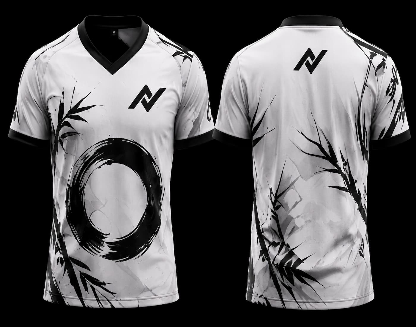 Front and back mockup of a white and black V-neck esports jersey featuring Japanese bamboo artwork, an Enso brush circle design, chest logo, and back neck logo.