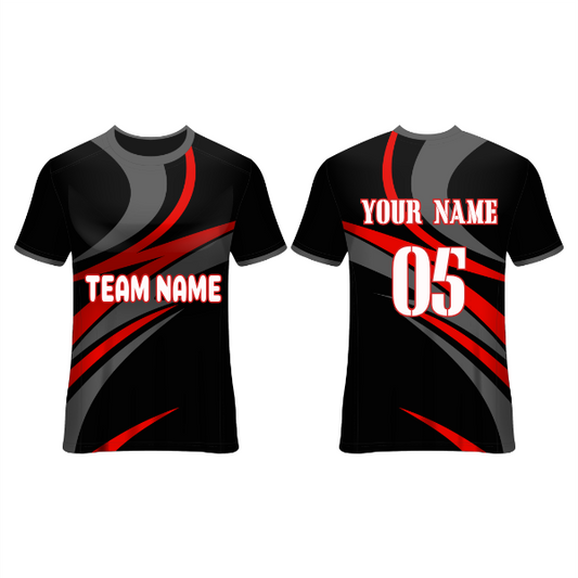 Front and back view of a black football jersey with bold red and grey dynamic graphics, featuring customizable team name, player name, and number, ideal for soccer teams, tournaments, training, and match-day performance.