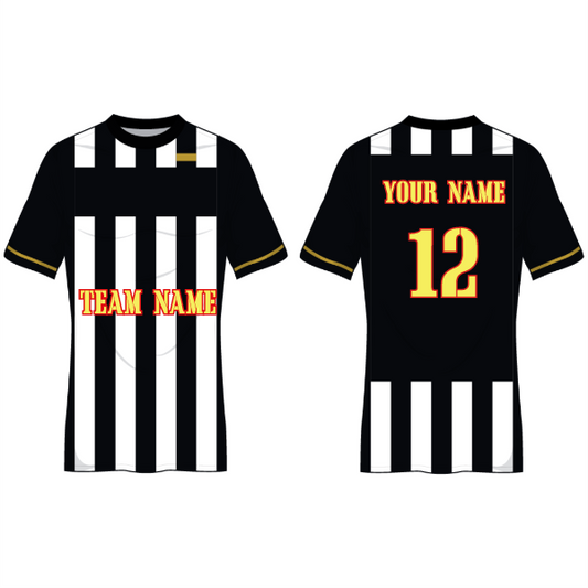 Front and back view of a black and white striped football jersey with customizable team name, player name, and number, featuring gold sleeve accents for soccer teams, training, and match-day performance.