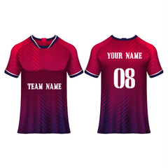 Front and back view of a crimson and navy gradient football jersey with subtle diagonal line graphics, featuring customizable team name, player name, and number, ideal for soccer teams, tournaments, training sessions, and match-day performance.