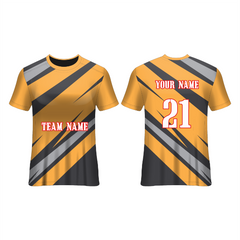 Front and back view of a gold and charcoal football jersey with bold diagonal stripe graphics, featuring customizable team name, player name, and number, ideal for soccer teams, tournaments, training sessions, and match-day performance.