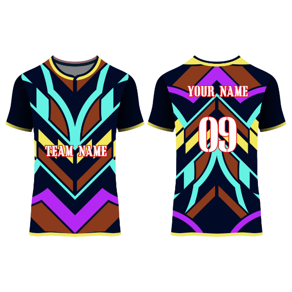 Front and back view of a multicolor geometric football jersey featuring navy blue, teal, purple, brown, and yellow accents with customizable team name, player name, and number, ideal for soccer teams, tournaments, training sessions, and match-day performance.