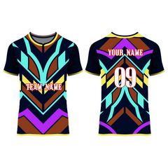 Front and back view of a multicolor geometric football jersey featuring navy blue, teal, purple, brown, and yellow accents with customizable team name, player name, and number, ideal for soccer teams, tournaments, training sessions, and match-day performance.
