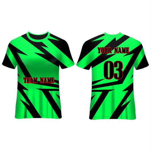 Front and back view of a neon green and black football jersey with bold lightning-style graphics, featuring customizable team name, player name, and number, ideal for soccer teams, tournaments, training sessions, and match-day performance.