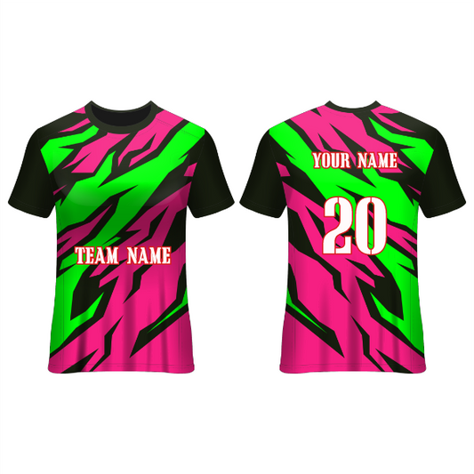 Front and back view of a neon pink and green abstract football jersey with black sleeves, featuring customizable team name, player name, and number, ideal for soccer teams, tournaments, training sessions, and match-day performance.
