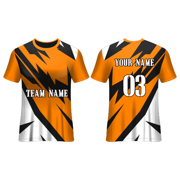 Front and back view of an orange and black lightning pattern football jersey with white accents and customizable team name, player name, and number, ideal for soccer teams, training sessions, tournaments, and match-day performance.