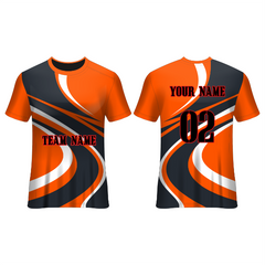 Front and back view of an orange and charcoal football jersey with flowing white and grey swirl graphics, featuring customizable team name, player name, and number, ideal for soccer teams, tournaments, training sessions, and match-day performance.